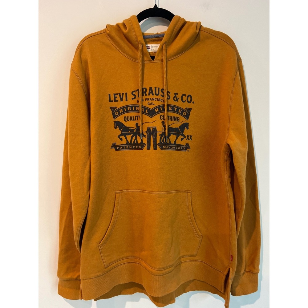 Levis Mens Graphic Hoodie Dark Mustard Yellow Two Horse‎ Logo Sweatshirt Large